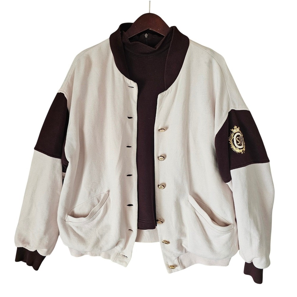 SJ Vintage Varsity Bomber Jacket Cream Brown Gold Button Embroidery Crest L AM01